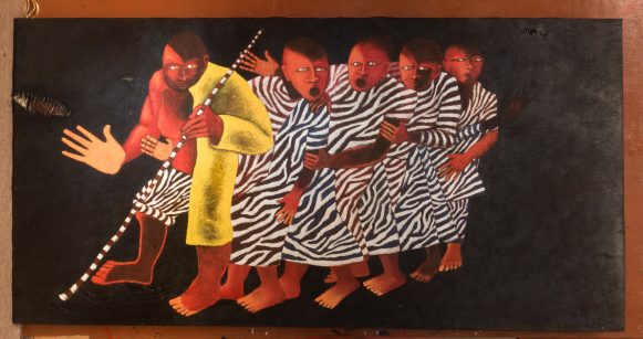 Blind Leading blink, Fred Mutebi on bark-cloth