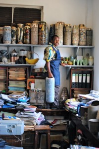 Bruno Sserunkuuma in his studio